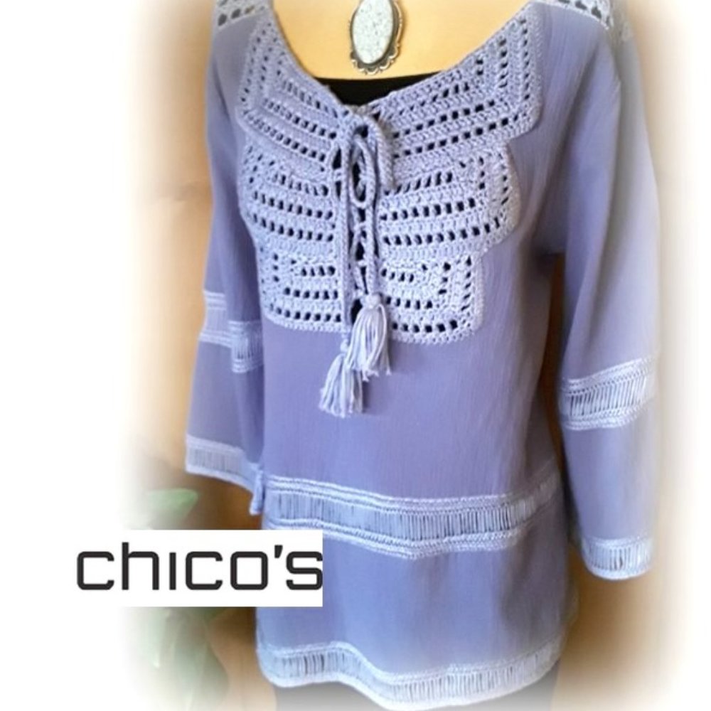 CHICOS Lt Blue Cotton Gauze Crochet Peasant Top